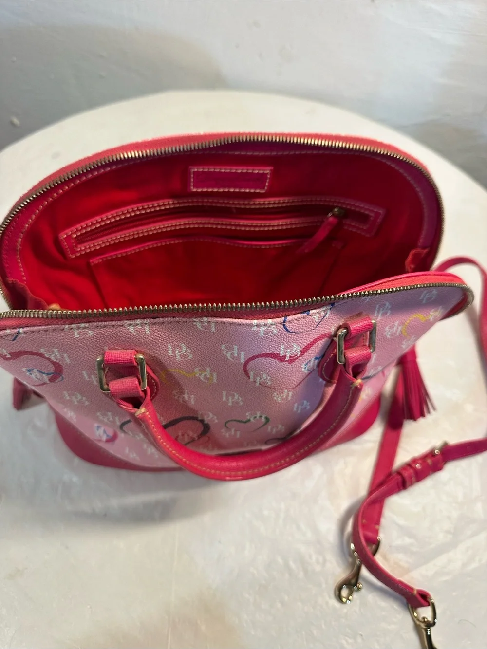 Pink Heart-Print Dome Satchel Handbag